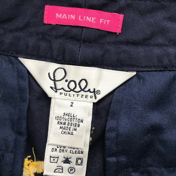 Lilly Pulitzer Navy Blue Yellow Wasp Embroidered Main Line Fit Pants Size 2 - Picture 6 of 9